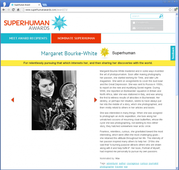 Superhuman Award for Margaret Burke White